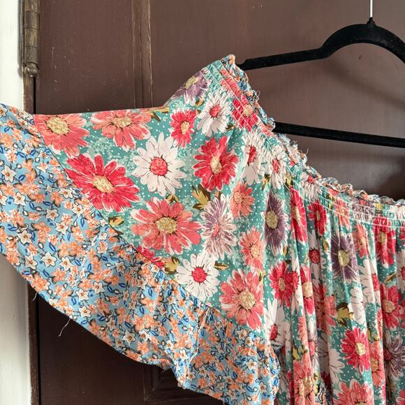 EASEL | Boho Floral Off-Shoulder Mixed Print Tiered Swing Midi Dress | Small - Picture 4 of 7